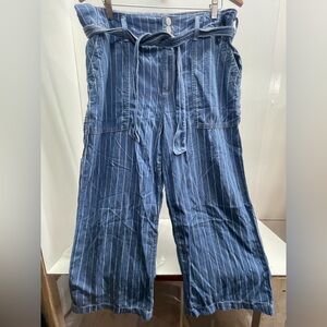 Seven7 Blue Denim Pinstripe Wide Leg pants With Tie Belt